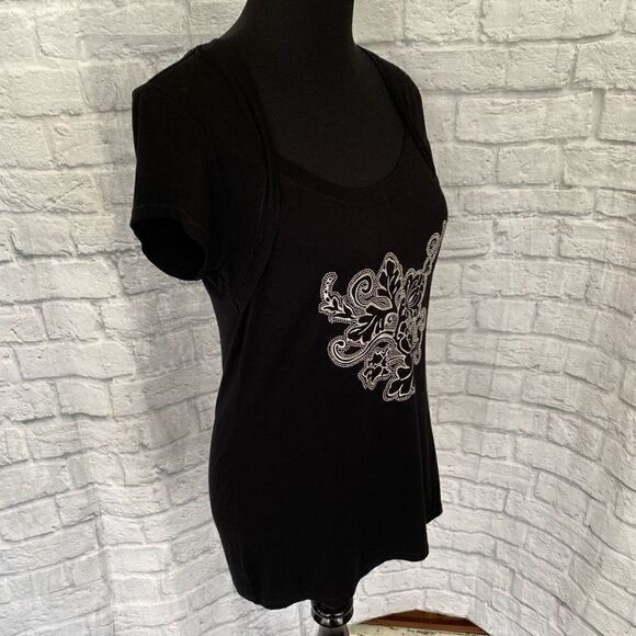 White House black market scoopneck top w/silver studded floral print women sz M - Picture 4 of 10